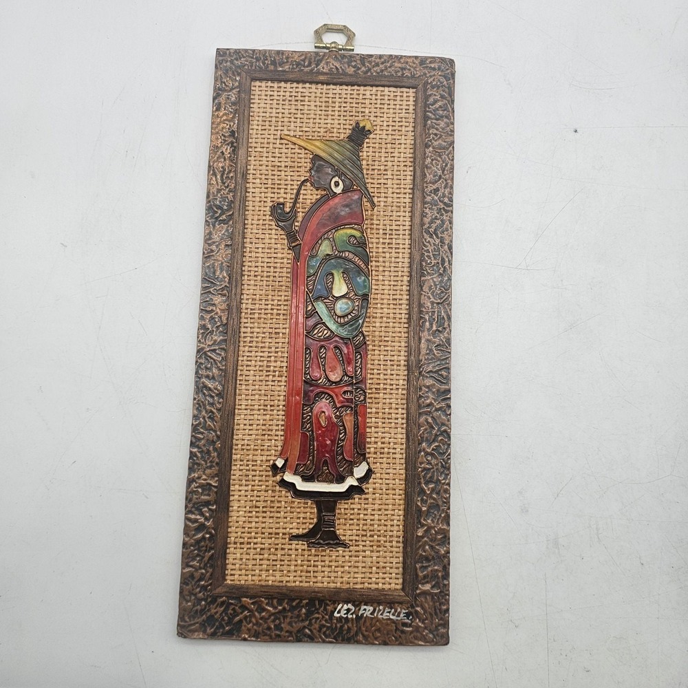 Lee Frizelle Enamelled Copper Standing Figure Folk Art Wall Plaque Signed 12x5